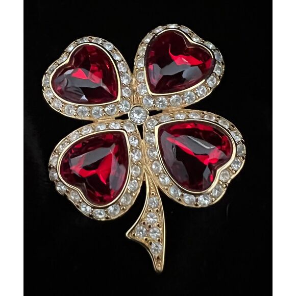 Kenneth Jay Lane Jewelry - Kenneth Jay Lane KJL Vintage Ruby Red Heart Crystal Shamrock Clover Brooch Pin